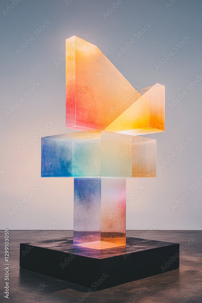 Poster bold geometric approach with large-scale transparent blocks casting intense reflections and