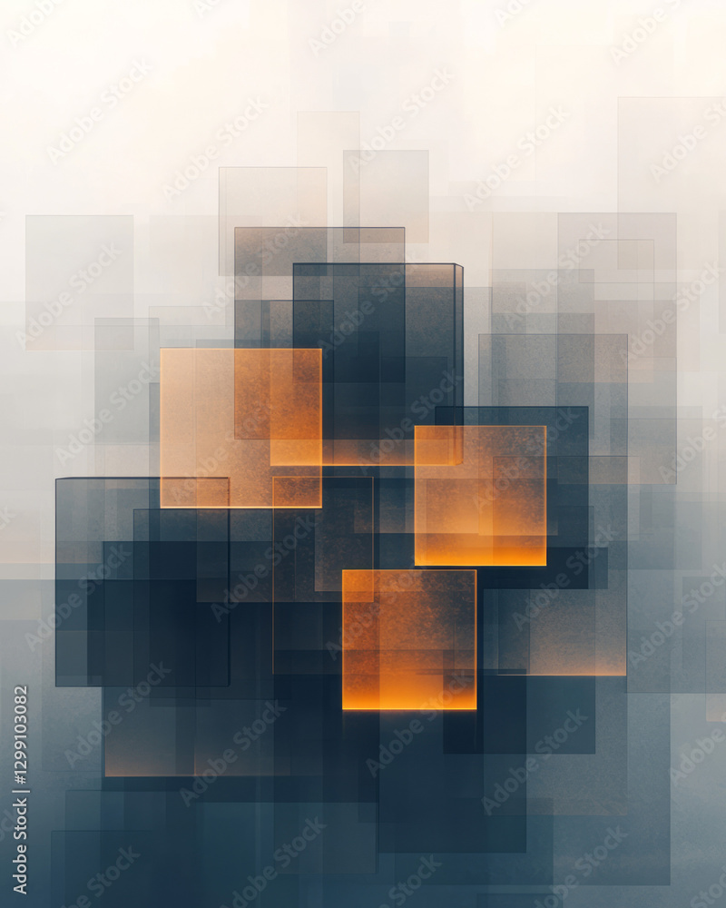 Aufkleber abstract layering of partially overlapping cubes in complementary tinted glass, moody background,
