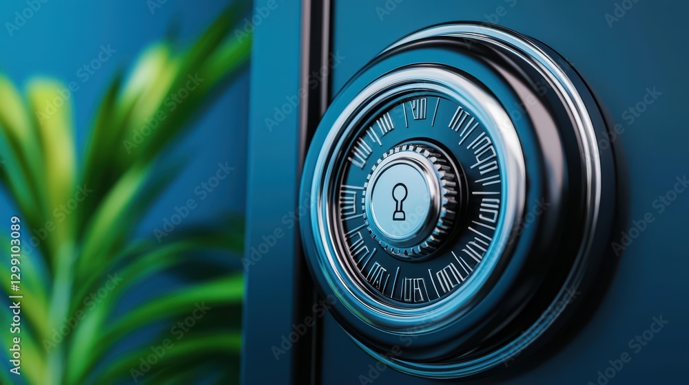 Poster secure and strong combination lock on a safe with green background