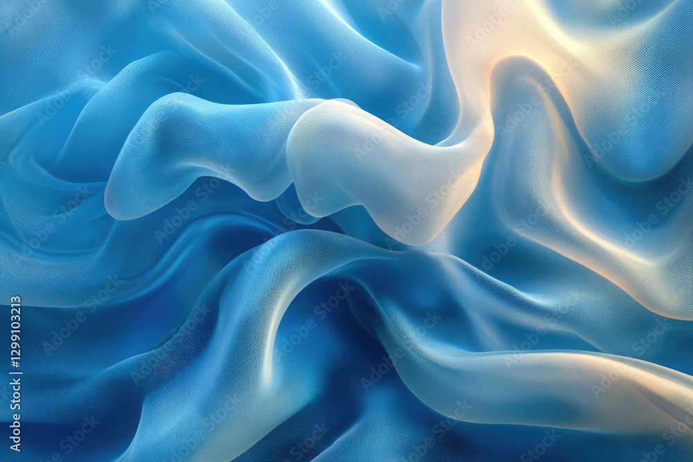 Poster abstract image of flowing, translucent blue and white fabric, creating soft, wavy textures.