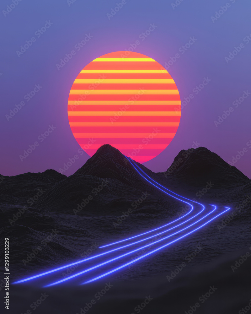 Poster cosmic-inspired scene where the sun is a bright gradient orb, stripes trailing from it in