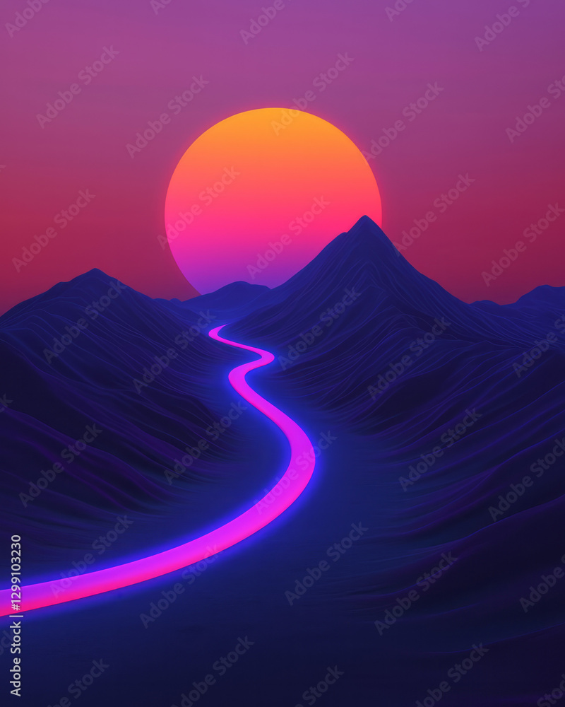 Poster cosmic-inspired scene where the sun is a bright gradient orb, stripes trailing from it in