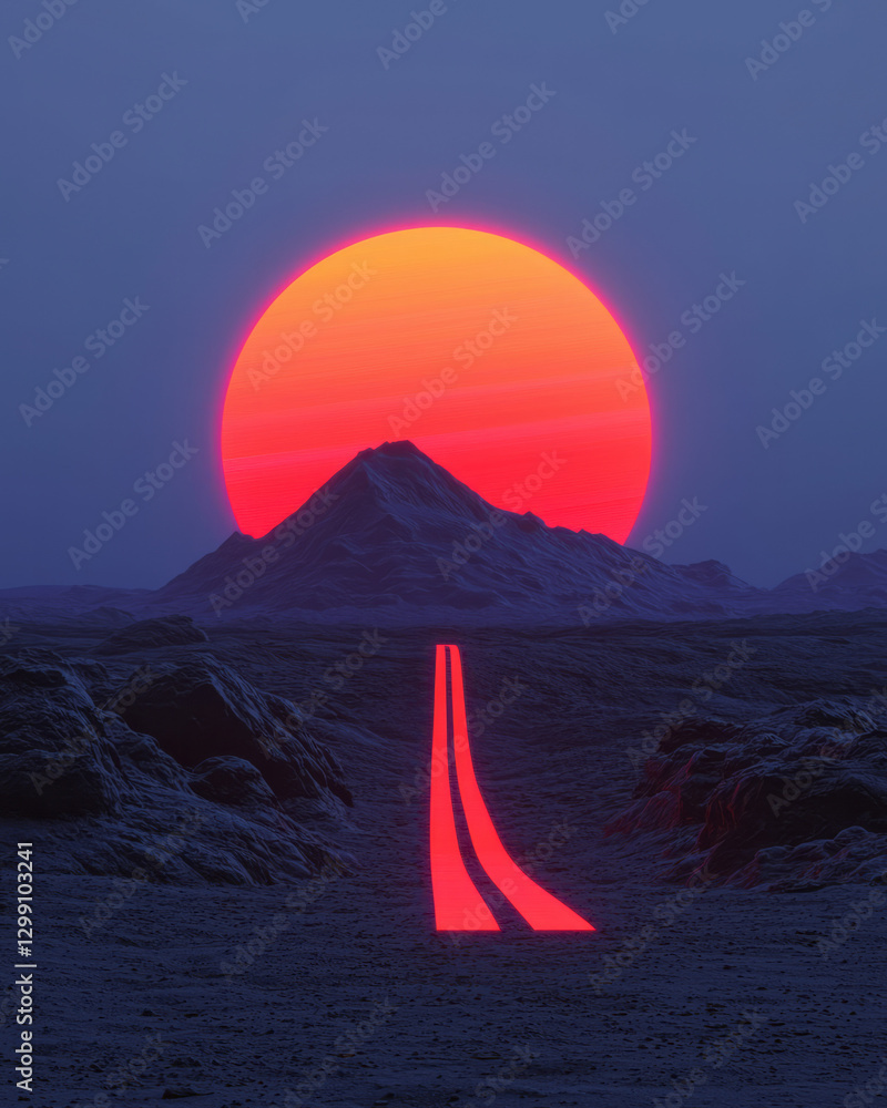 Poster cosmic-inspired scene where the sun is a bright gradient orb, stripes trailing from it in