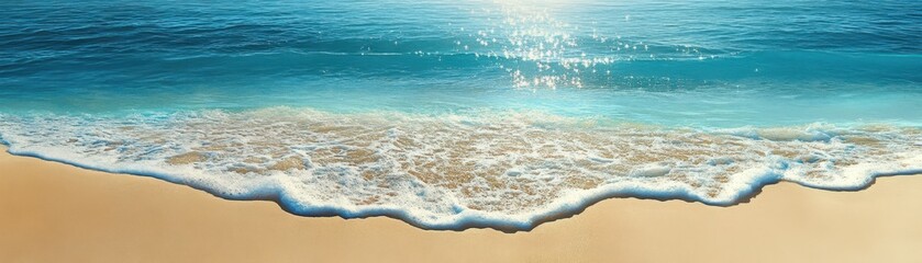A vibrant wave crashes onto the sandy beach, glistening under the warm sunlight. The sun casts a golden hue over the water, creating a picturesque coastal scene filled with serenity.