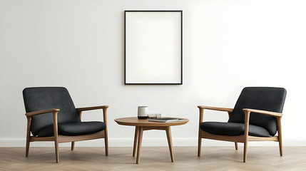 Minimalist Living Room Interior With Armchairs Coffee Table And Framed Art On White Wall