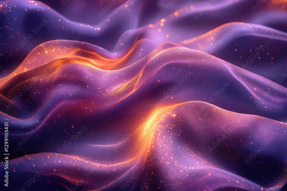 Poster Abstract image of shimmering purple and orange fabric with glittering particles, creating a dreamy, cosmic effect.
