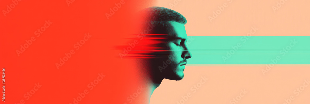 Poster bold editorial style focusing on overlapping curves in vibrant scarlet and teal, partial glitch