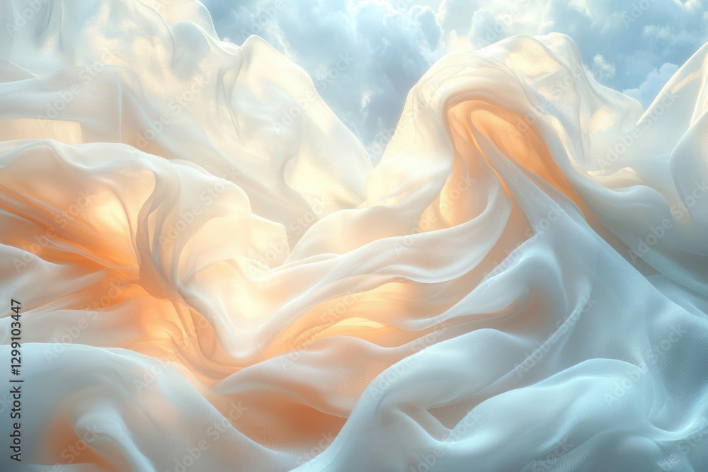 Poster flowing white fabric illuminated by sunlight, creating ethereal and dreamy aesthetic.