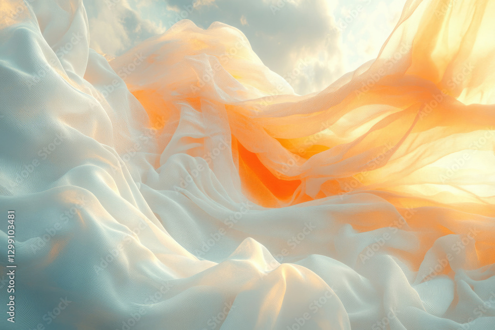 Poster light, airy fabric billows in the wind, bathed in warm sunlight, creating a serene and ethereal scen