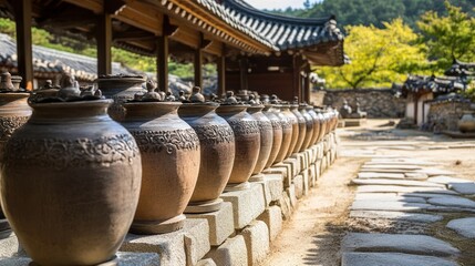 Korean Traditional Pottery Jars in Ancient Courtyard