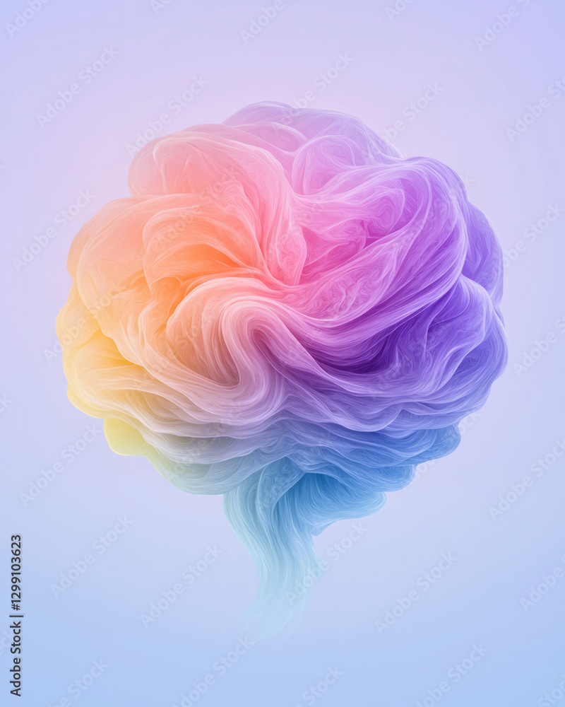 Poster surreal overhead perspective of a brain-like structure fused with flowing watercolor gradients,