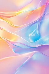 Large, flowing shapes in an iridescent rainbow palette, glossy surfaces, minimal dark background,