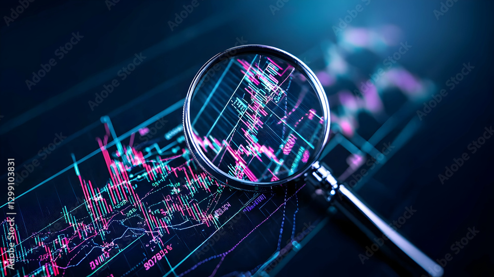 Poster magnifying glass over data chart displaying financial analysis on blue background