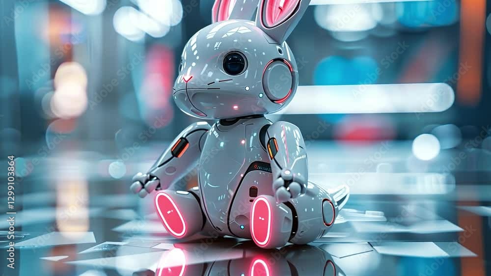 Poster digital rabbit robot celebrates easter in a high-tech environment with glowing accents and futuristi
