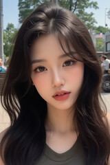 Obraz premium Asian Beautiful Female taking a Selfie Photo - Profile Picture - Young Woman outside on Sunny Day in the City - Eastern Lady in Fashionable Clothing - Modelling for Camera Social Media