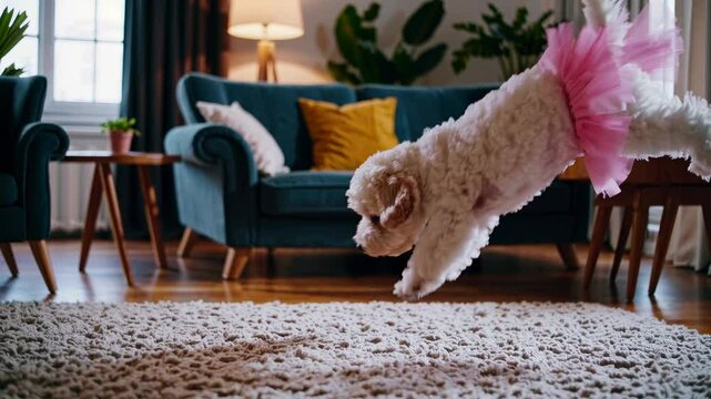 A playful dog in a pink tutu prances on a cozy rug in a stylish living room. Shot from a low angle, this video captures a whimsical, joyful moment.