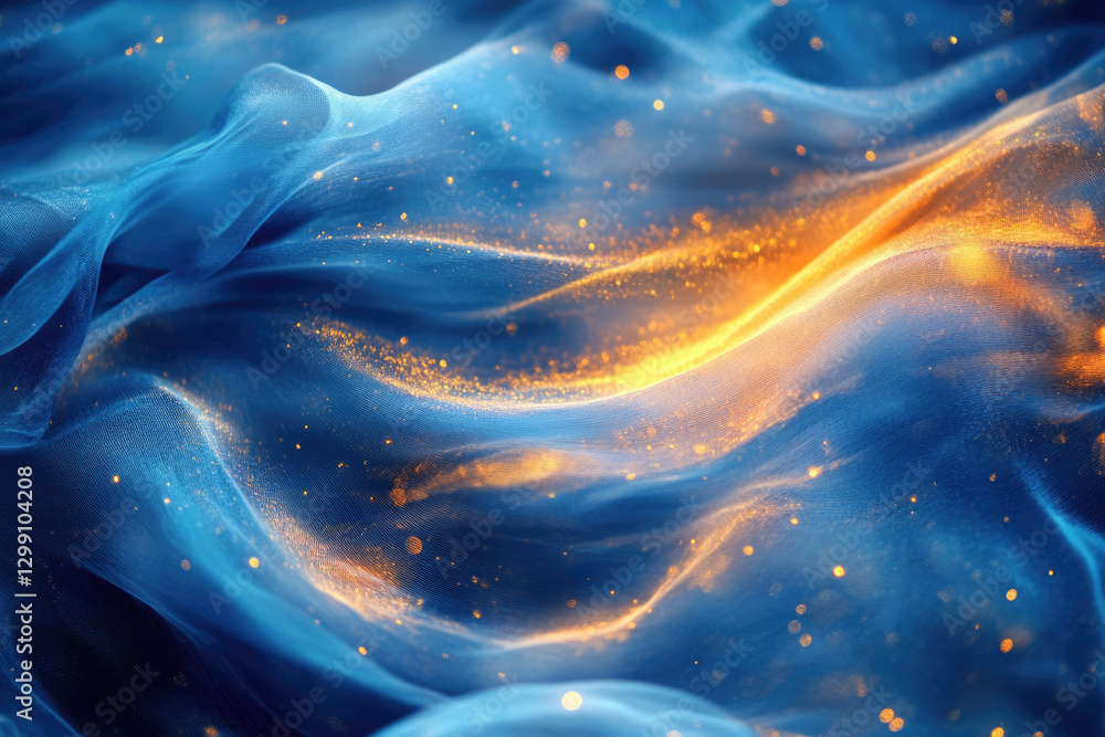 Poster abstract image of flowing blue fabric with golden glitter, creating a dreamy, ethereal effect.