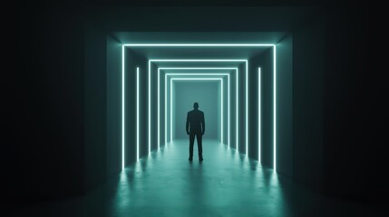 Stealthy Figure Navigating a Laser Maze Amidst Chaos and Shadows