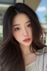 Fototapeta premium Asian Beautiful Female taking a Selfie Photo - Profile Picture - Young Woman outside on Sunny Day in the City - Eastern Lady in Fashionable Clothing - Modelling for Camera Social Media