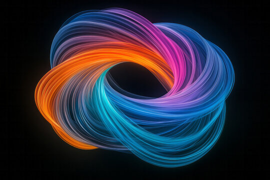 Futuristic arrangement where neon arcs twist in fluid motions, rainbow palette intensifying toward