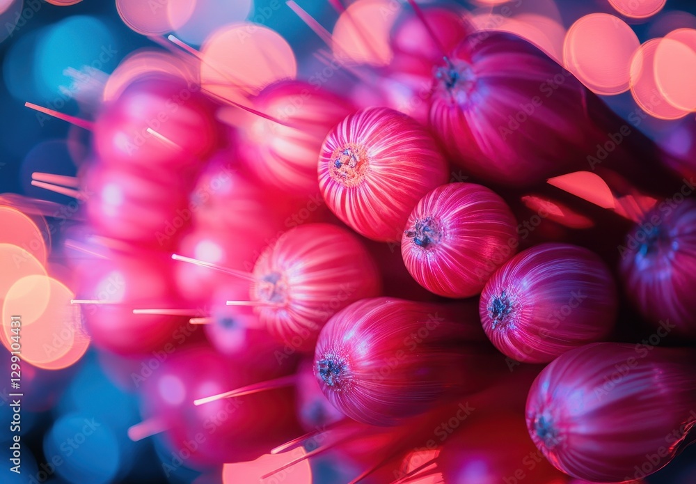 Poster vibrant abstract close-up of colorful round shapes with blurred lights in background for artistic or