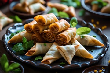 Crispy spring rolls and samosas arranged beautifully on a dark plate with mint leaves – A perfect blend of textures and flavors for festive gatherings.

