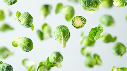 Fresh Brussels sprouts suspended mid-air against a white background, showcasing their rich green color.