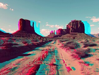 Monument Valley vista with anaglyph 3D effect, vibrant desert landscape