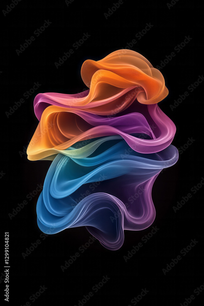 Aufkleber swirling rainbow lines merging into a multicolor wave, bold contrast against a dark minimal