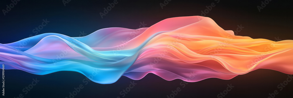 Poster minimalist approach emphasizing a single flowing stripe in neon gradient, crisp lines, dark subdued