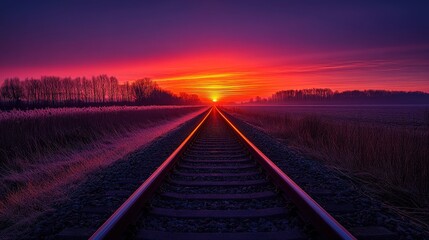 Obraz premium Railway Track Stretching into the Sunrise with Glowing Rails Ahead
