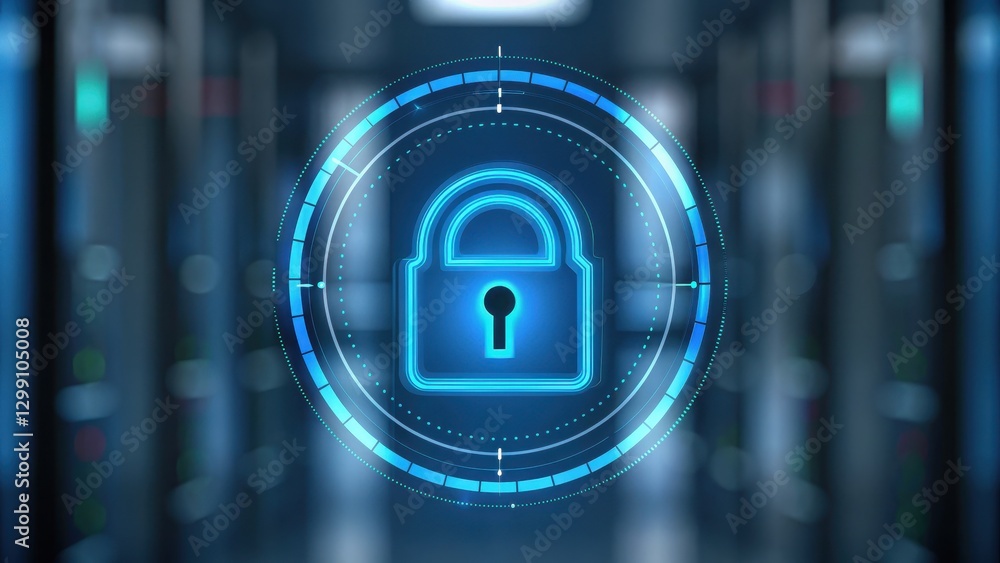 Poster holographic cyber security concept with lock icon for threat detection in digital infrastructure