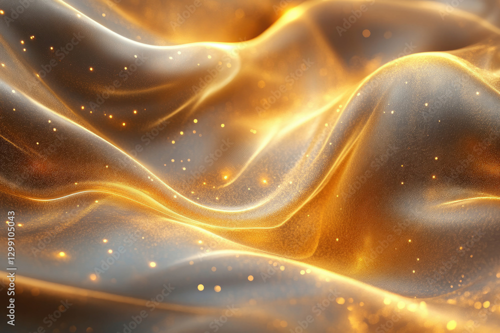 Poster Golden fabric with shimmering particles, flowing elegantly in soft waves.