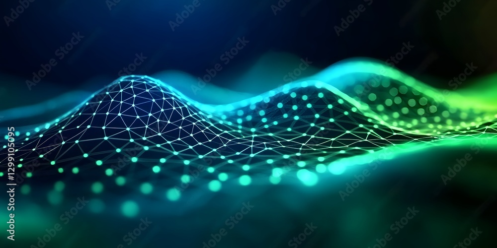 Poster dynamic green and blue gradient waves digital landscape abstract graphics visual art futuristic conc