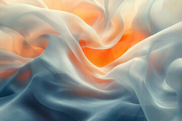 Fototapeta premium Draped sheer fabric, flowing and translucent, illuminated by warm orange light.
