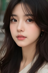 Obraz premium Asian Beautiful Female taking a Selfie Photo - Profile Picture - Young Woman outside on Sunny Day in the City - Eastern Lady in Fashionable Clothing - Modelling for Camera Social Media