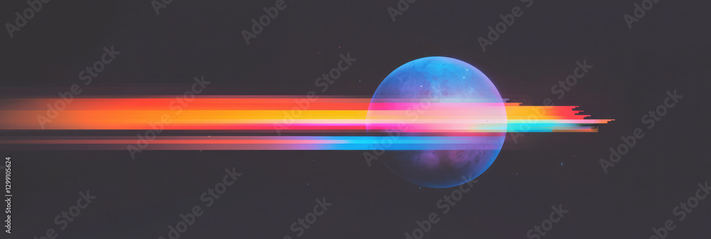Poster glitch-inspired design of fragmented rainbow lines crossing a glossy orb, edgy digital overlays,