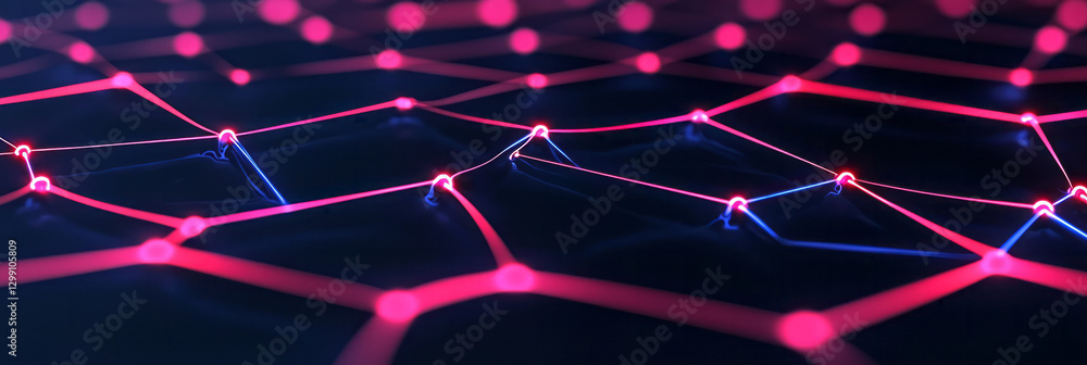 Poster bold editorial approach featuring a futuristic grid matrix, strong 3d perspective, radiant red and
