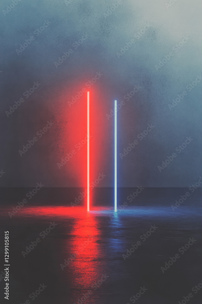 Poster minimalist design emphasizing two crossing neon lines (one red, one blue) forming a grid, moody