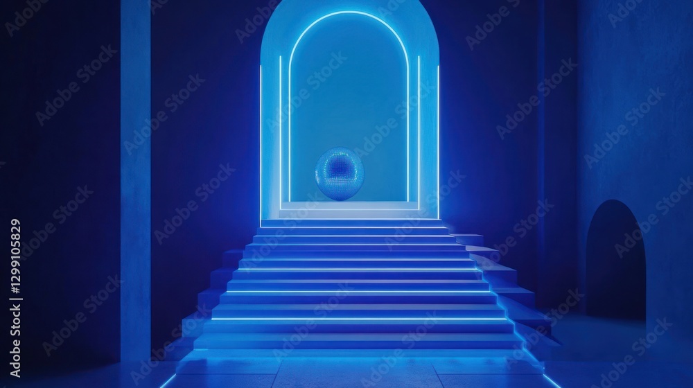 Poster ascending stairway to illuminated portal with floating orb in blue light