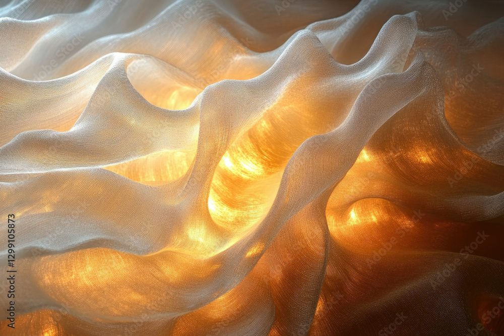 Poster Illuminated fabric waves, soft light glowing through translucent textile creating a warm, ethereal glow.