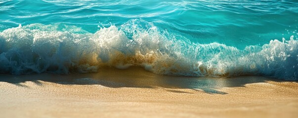 A gentle wave rolls in, cresting with white foam as it approaches the sandy shore of a tranquil beach, where soft golden grains glisten under the warm sunlight.