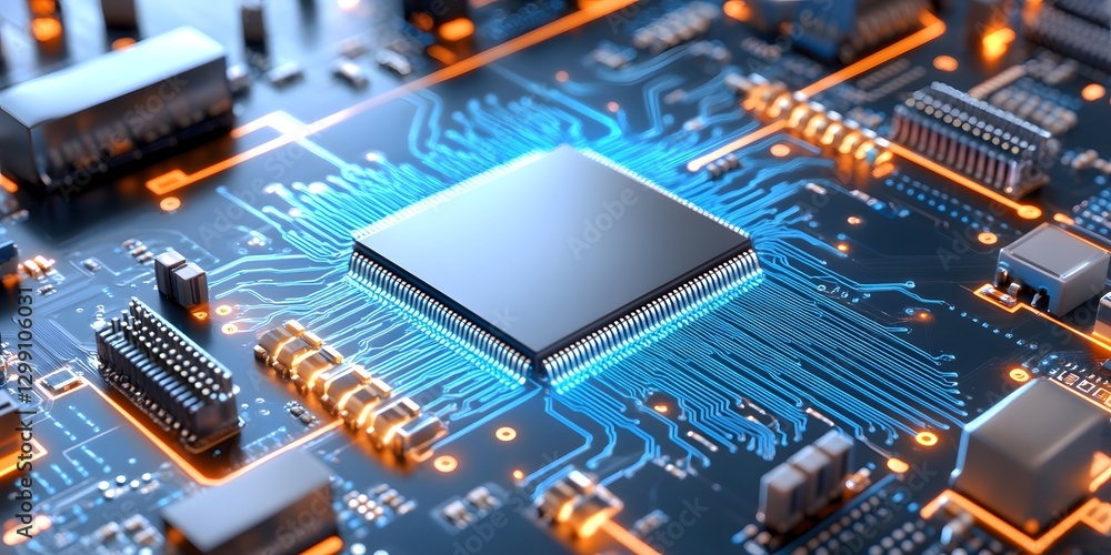 Poster neuromorphic chip closeup technology lab circuit patterns blue glow high-tech environment detail vie