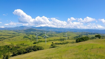 Fototapeta premium Wind Turbines on Rolling Hills Under Bright Blue Sky and Clouds