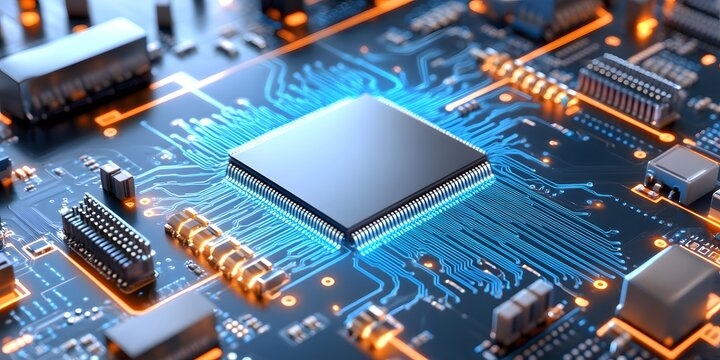 Neuromorphic chip closeup technology lab circuit patterns blue glow high-tech environment detail view innovation