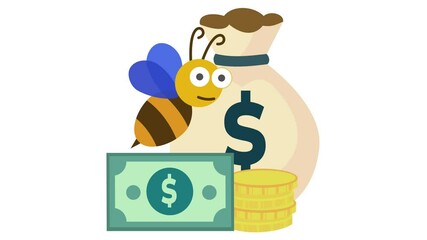 Busy bee finances with money in a cartoon animation. Beekeeping earning icon. Alpha channel. Seamless looping. Dollar cash investment symbol