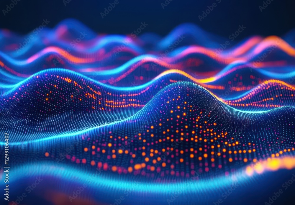 Poster vibrant abstract digital waves with neon blue and orange lights flowing in a futuristic environment 