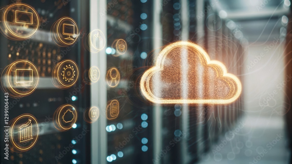 Poster data protection overview with holographic cloud and server room visual in modern technology context