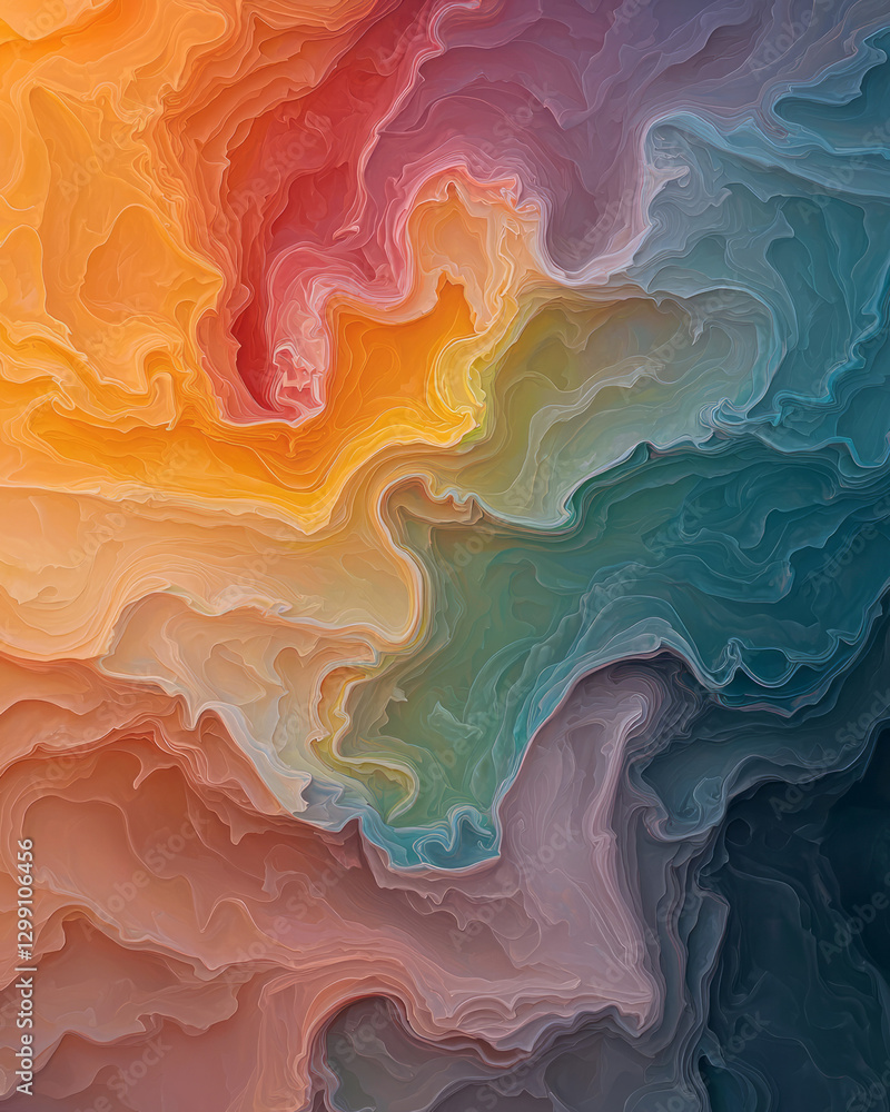 Fototapete painterly overhead shot capturing multiple broad arcs merging into a fluid mosaic of color, subtle