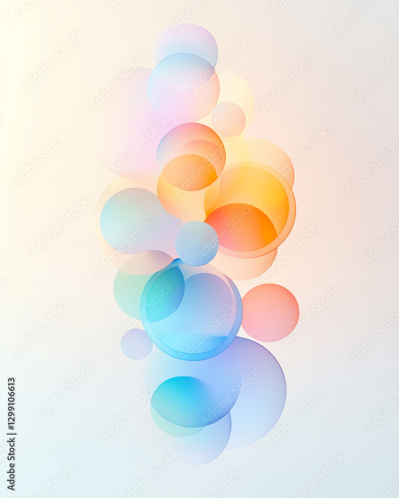 Poster layered arrangement of transparent neon blobs reflecting onto each other, pastel edges, airy